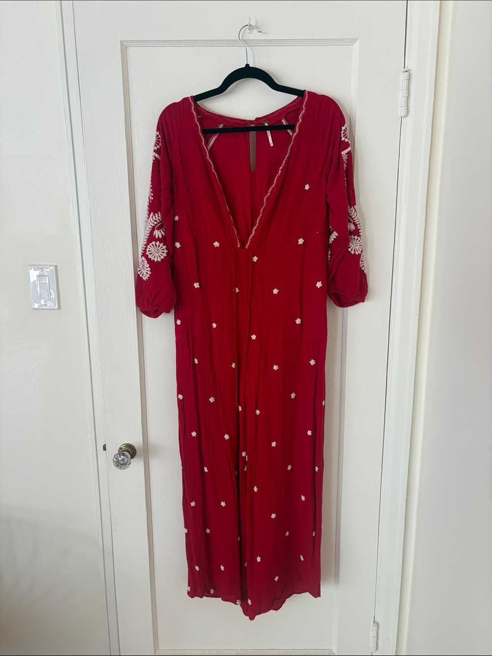 Free People Red Embroidered V-Neck Jumpsuit